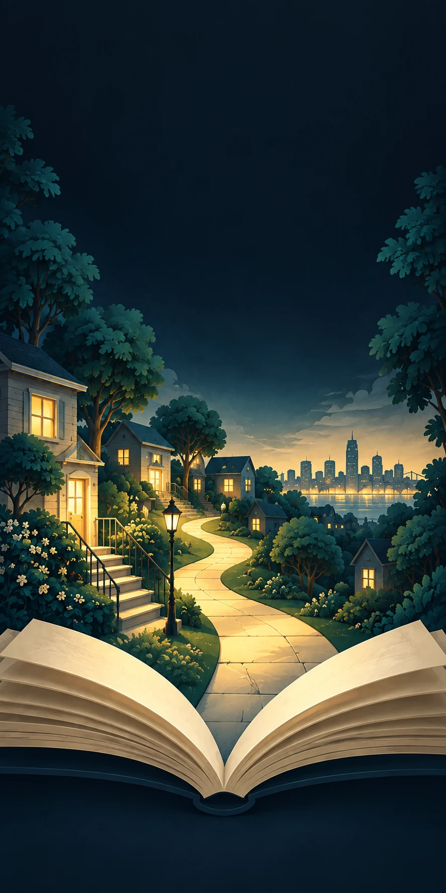 An open book unfolds into a winding path through a warmly lit neighborhood.
